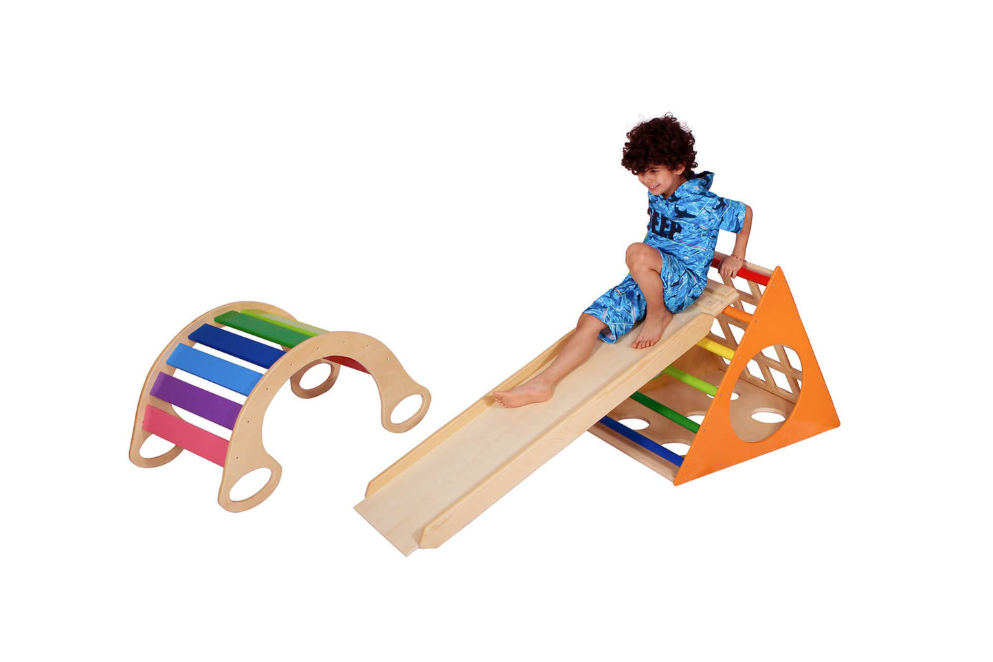 Wood&Joy Wooden Triangle Pikler + Geometric Ramp & Slide + Climbing Arch (3-Pieces Set)
