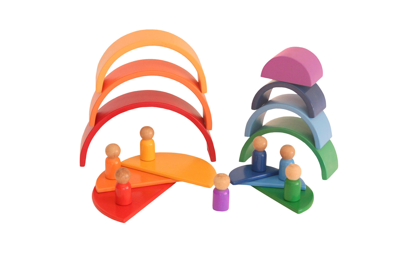 Wood&Joy Wooden Waldorf 7-Pieces Rainbow + Semicircle Tray + Peg Doll Set