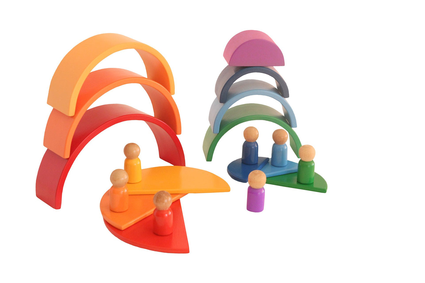 Wood&Joy Wooden Waldorf 7-Pieces Rainbow + Semicircle Tray + Peg Doll Set