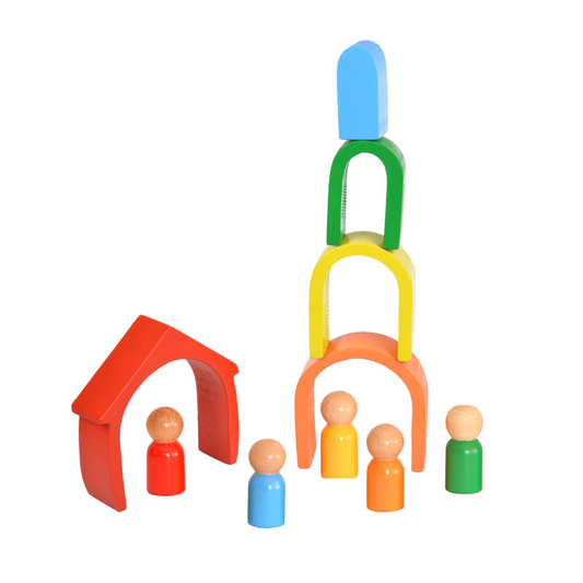 Wood&Joy Ahşap Gökkuşağı Evi Yığın Oyuncak + 5 Peg Bebek