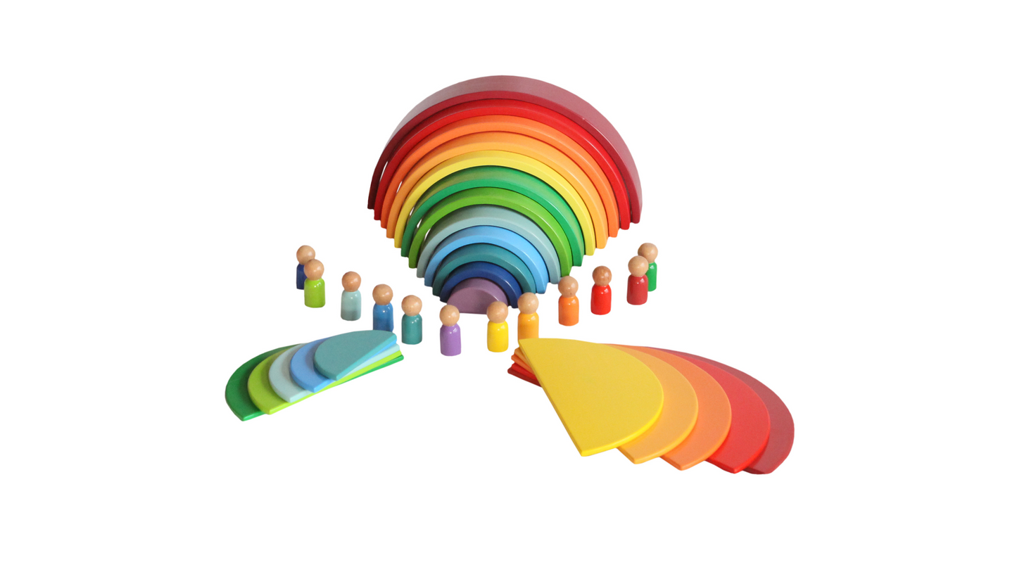Wood&Joy Wooden Waldorf 12-Pieces Rainbow + Semicircle Tray + Peg Doll Set