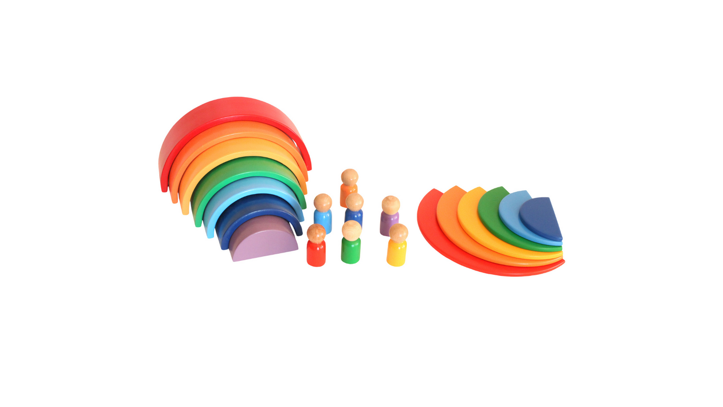Wood&Joy Wooden Waldorf 7-Pieces Rainbow + Semicircle Tray + Peg Doll Set