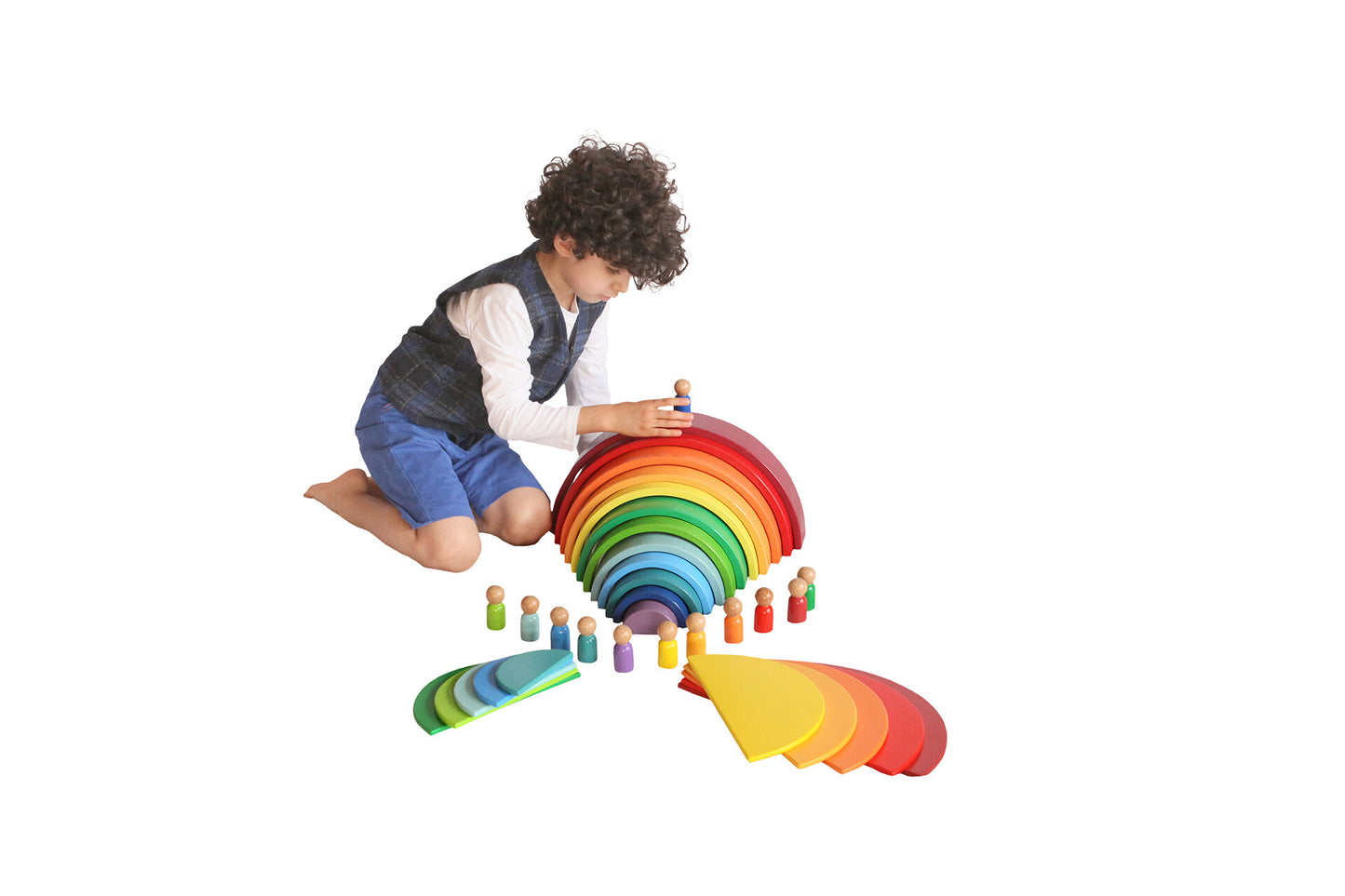 Wood&Joy Wooden Waldorf 12-Pieces Rainbow + Semicircle Tray + Peg Doll Set