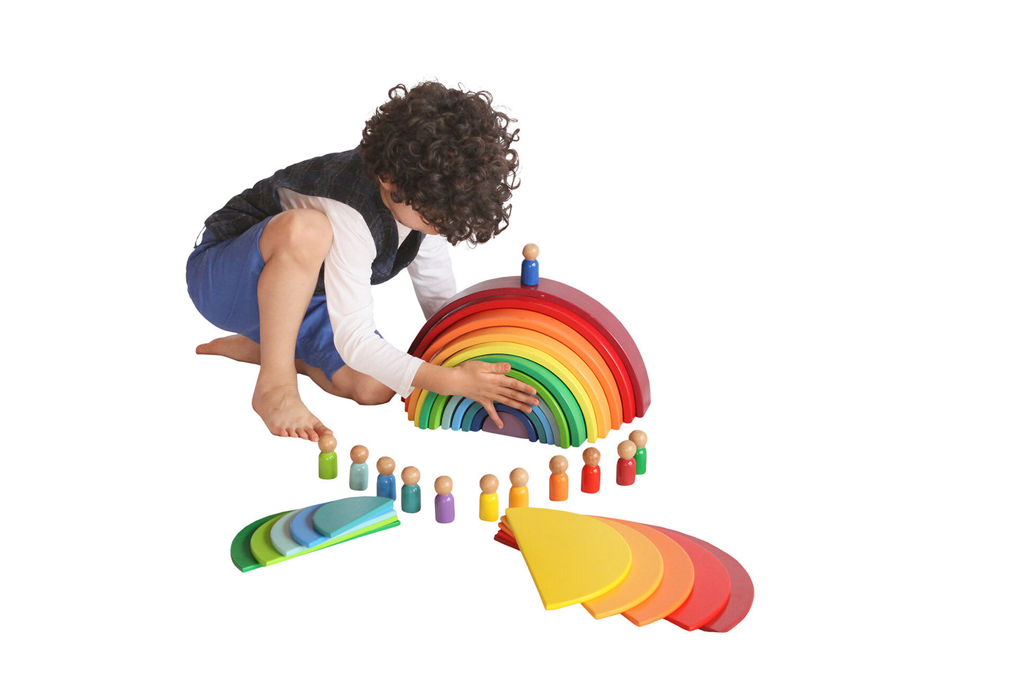 Wood&Joy Wooden Waldorf 12-Pieces Rainbow + Semicircle Tray + Peg Doll Set