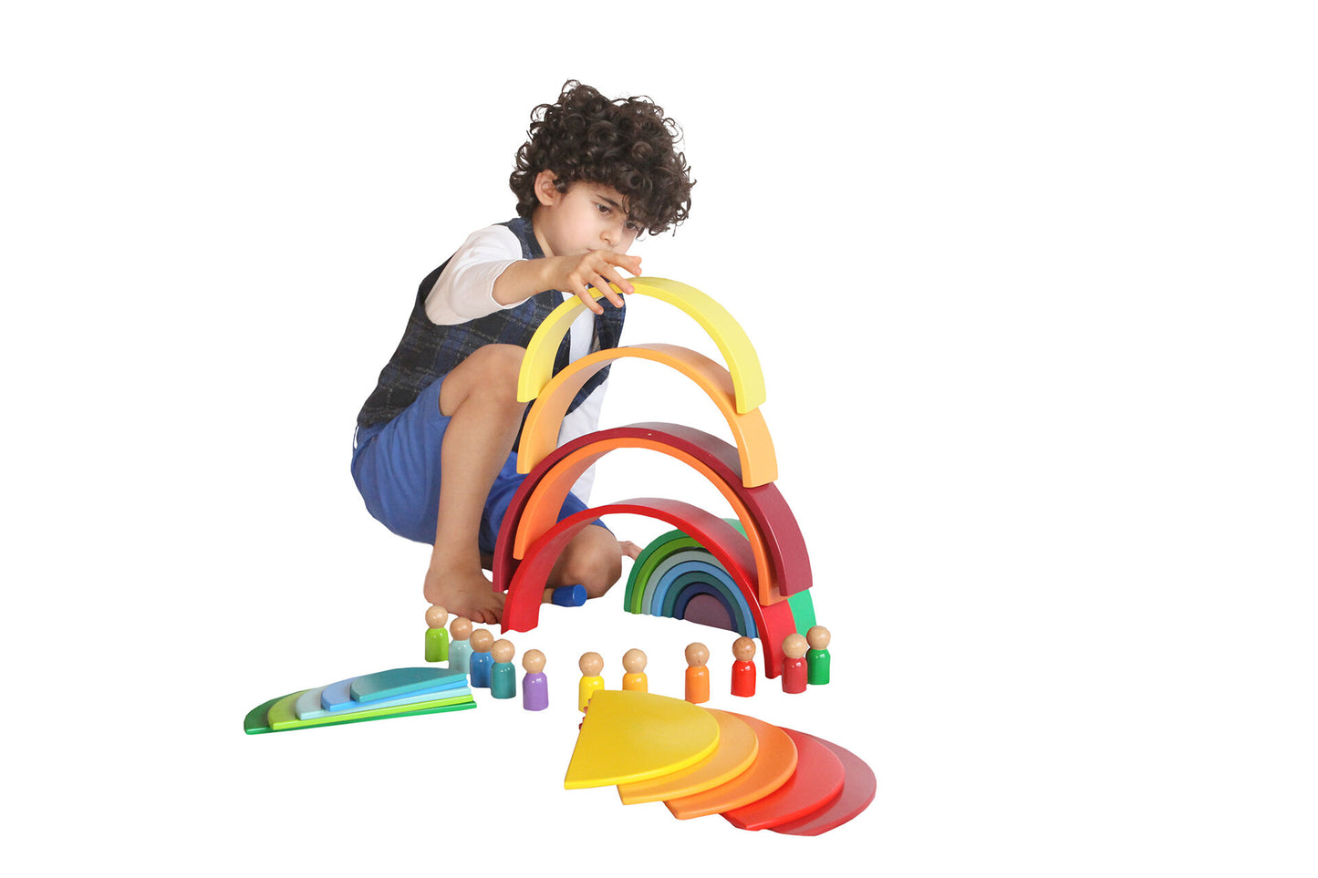 Wood&Joy Wooden Waldorf 12-Pieces Rainbow + Semicircle Tray + Peg Doll Set