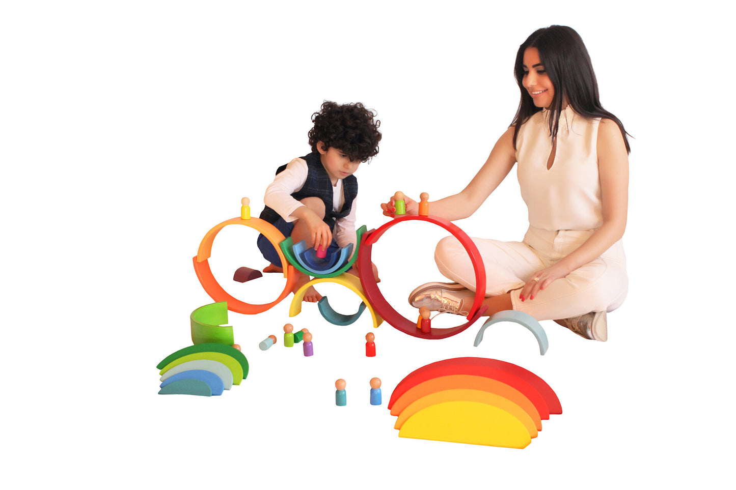 Wood&Joy Wooden Waldorf 12-Pieces Rainbow + Semicircle Tray + Peg Doll Set