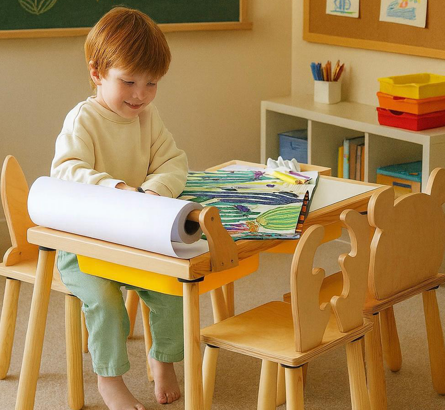 Wood&Joy Wooden Sensory Activity Table (with Staionary Unit & Paper Holder)-WHITE