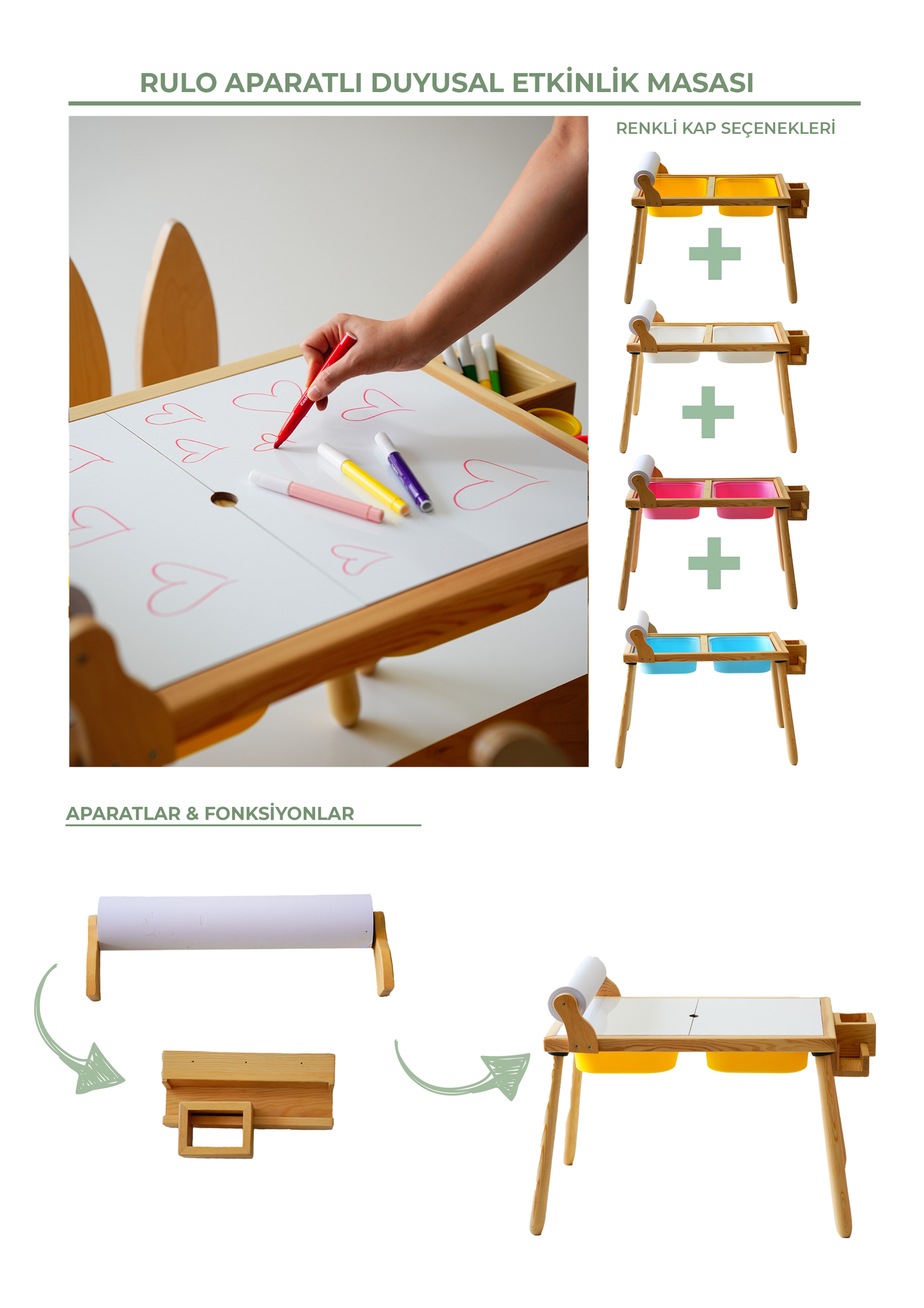 Wood&Joy Wooden Sensory Activity Table (with Staionary Unit & Paper Holder)-WHITE
