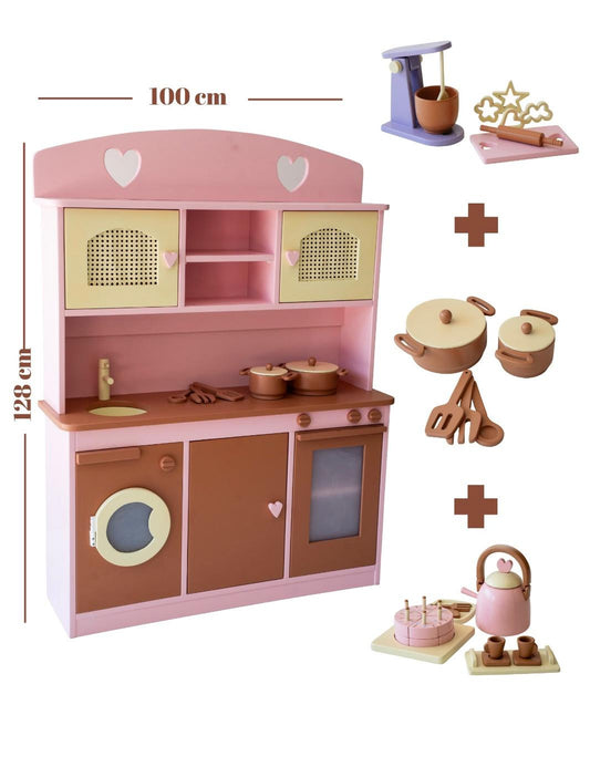 Wood & Joy Doğal Ahşap Pembe Mutfak Evcilik Seti