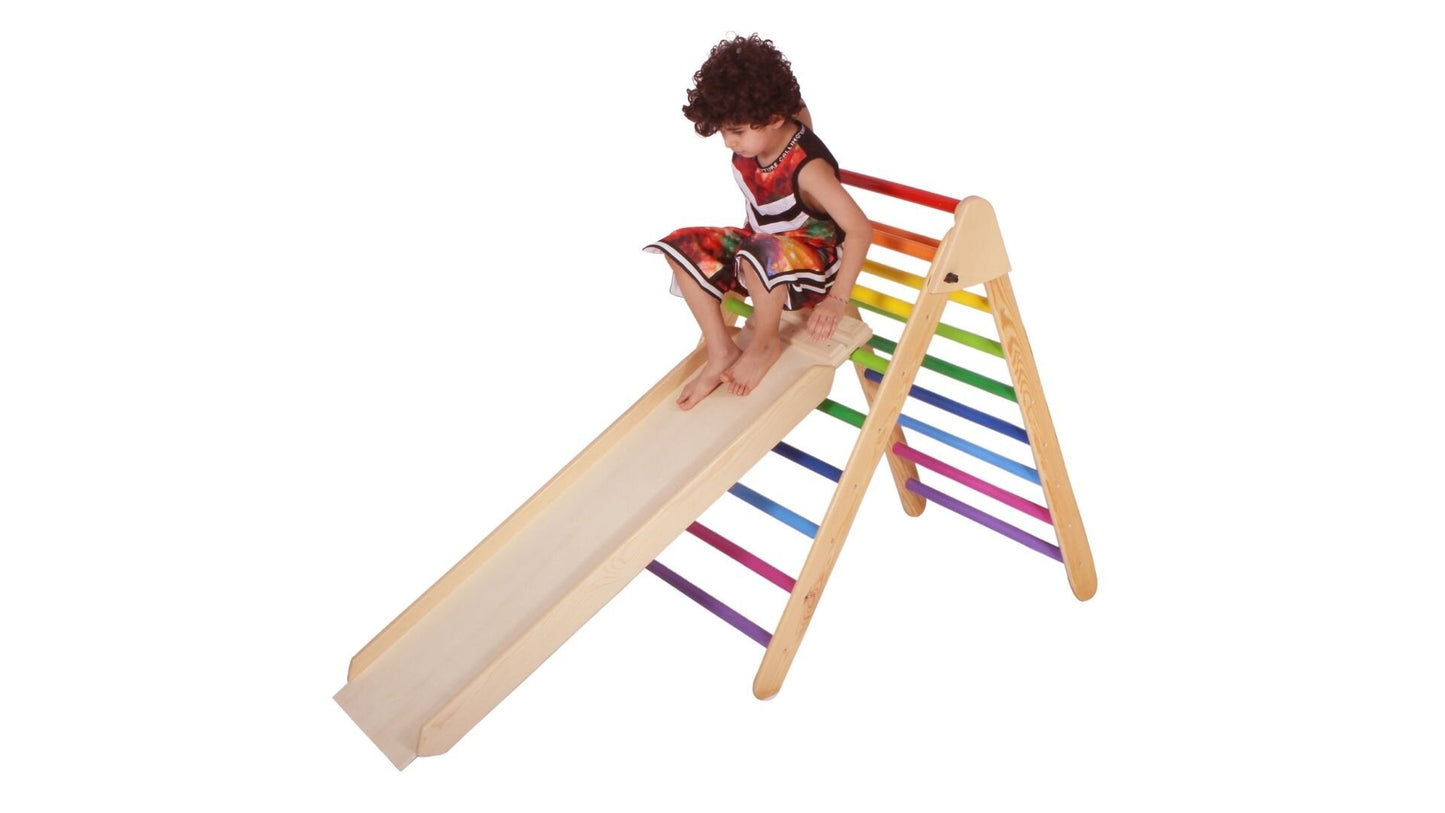 Wood&Joy Ahşap tırmanma merdivenleri + geometrik rampa ve slayt (2 parçalı set)