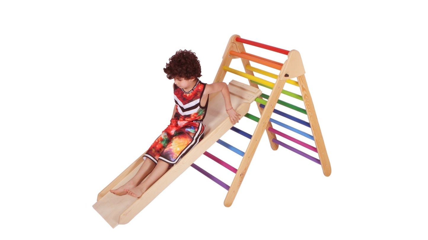 Wood&Joy Ahşap tırmanma merdivenleri + geometrik rampa ve slayt (2 parçalı set)